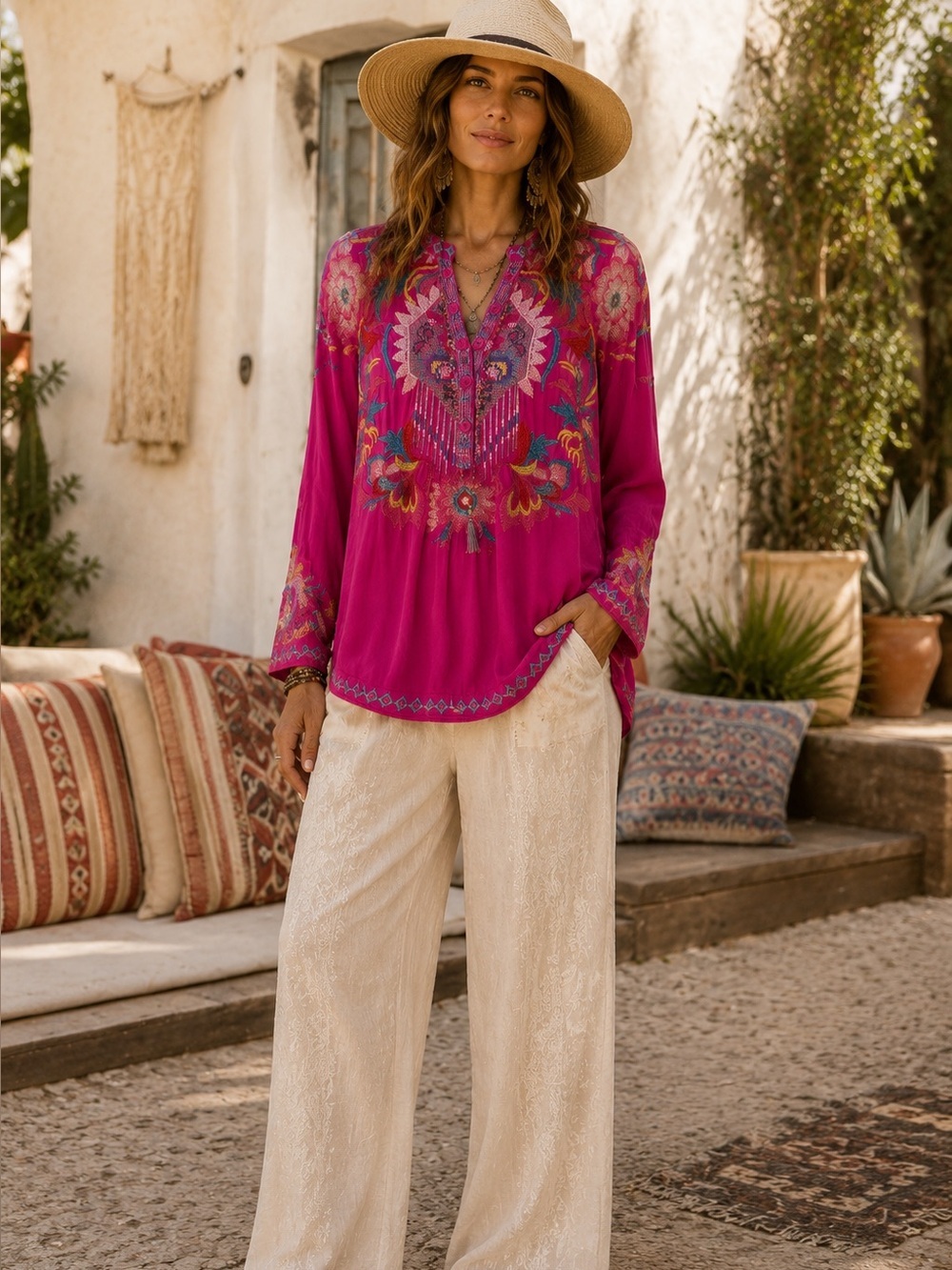 Johnny Was BIYA Embroidered Tunic M Fuchsia Pink Boho Floral Peasant Top